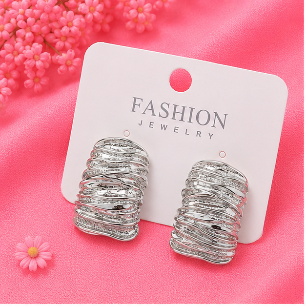 Silver Ripple Statement Stud Earrings