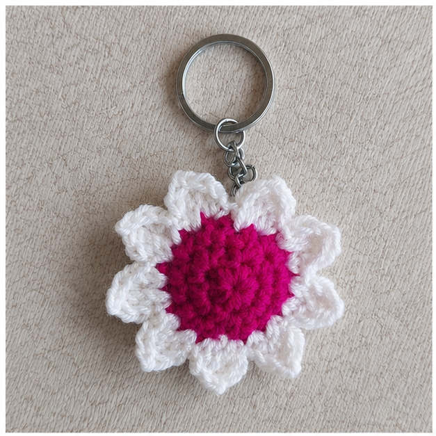 Handmade Crochet flower keychain white&pink